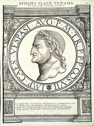 Flavius Vespasianus, illustratie uit Imperatorum romanorum omnium orientalium et occidentalium verissimae imagines ex antiquis numismatis, houtsnede door Rudolph Wyssenbach, gedrukt door Andreas Gesner, Zürich